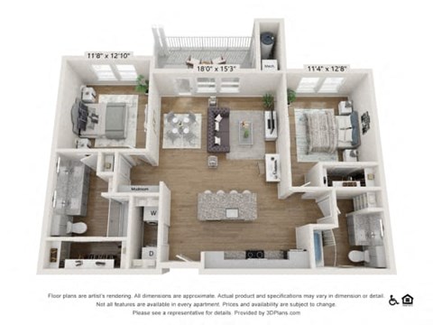 Floor plan for 2 beds, 2 baths, 1214 sqft